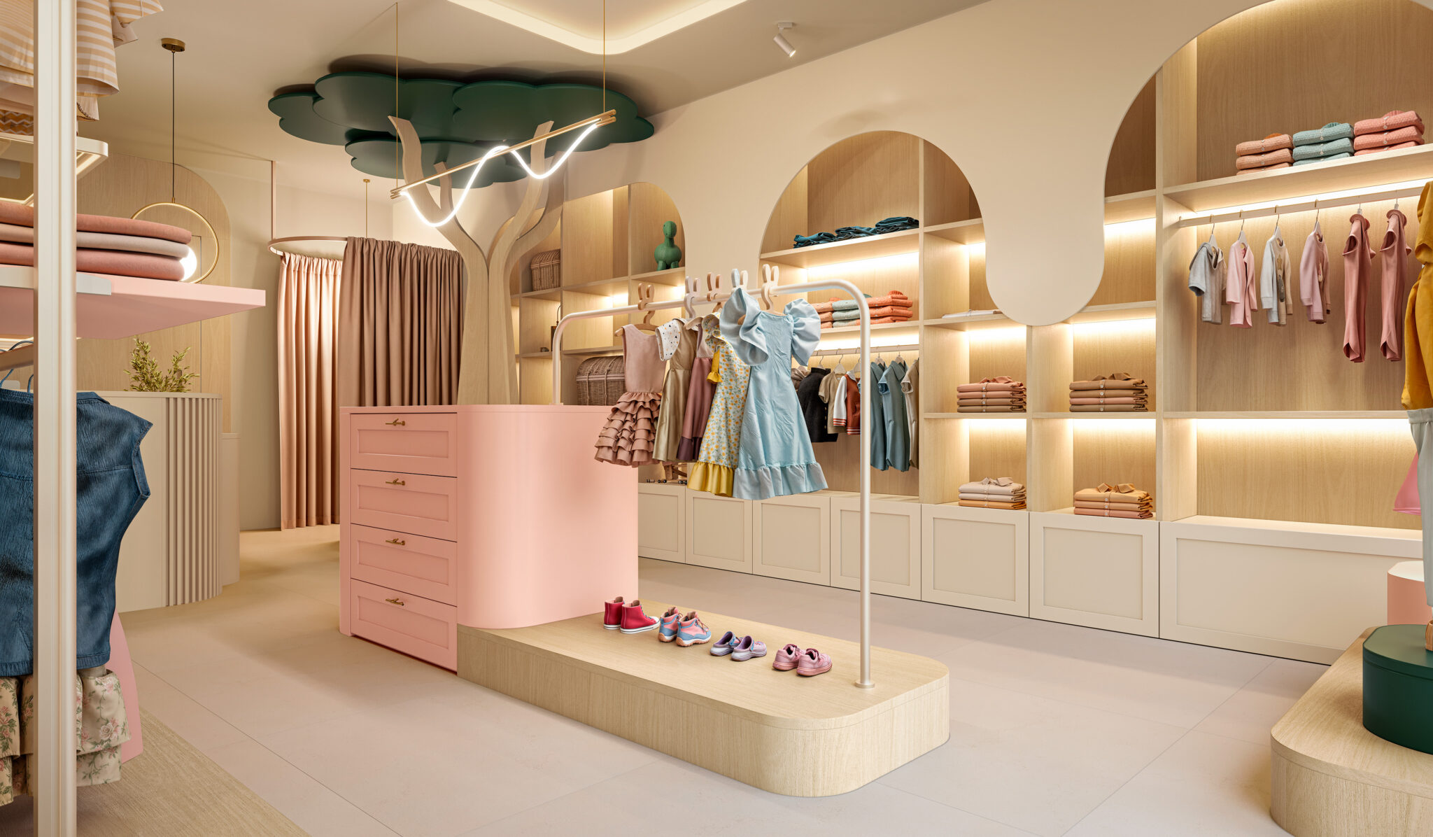 Cena 62_Ana_Loja Roupa Infantil_Off White, Verde Floresta, Rosa Milkshake, Veredas